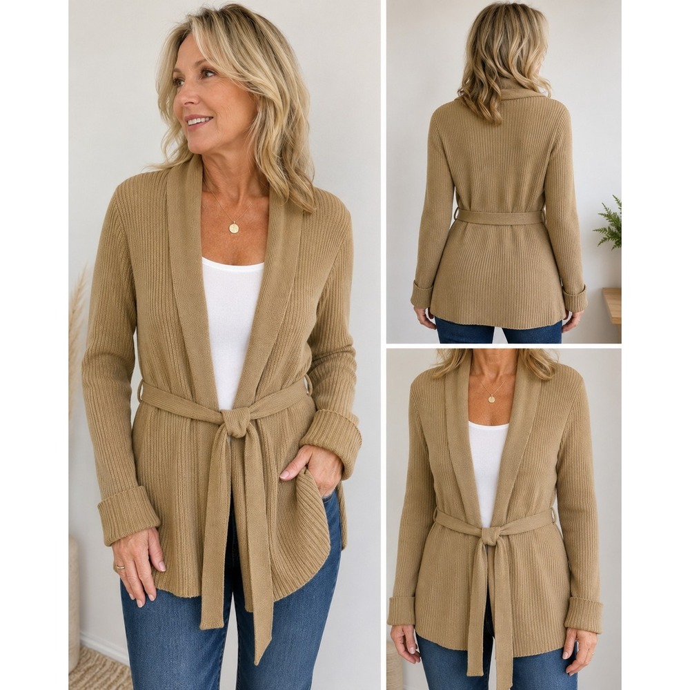 Coolwear USA Cardigan Womens M Tan Ribbed Knit Belted Shawl Collar Made USA